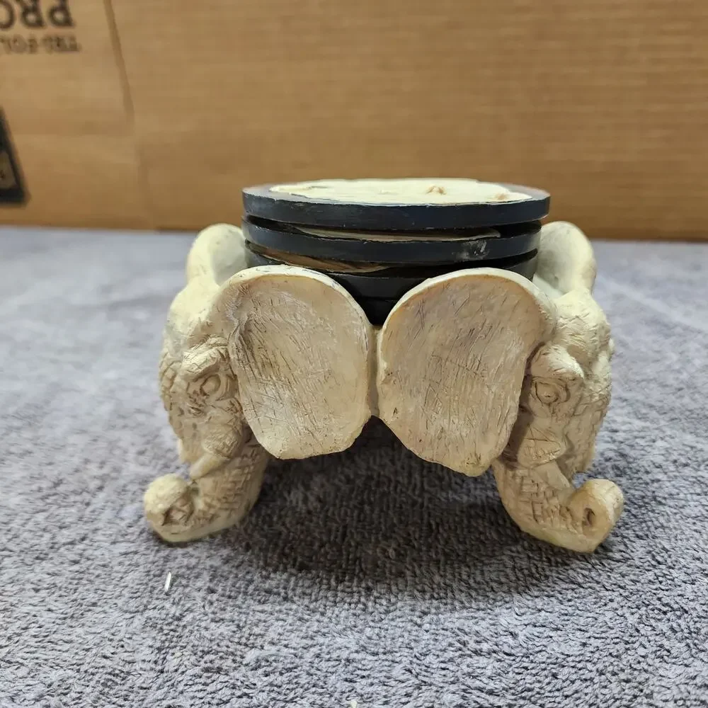 Set of 4 Stone coasters with African Elephant footed holder JJ
